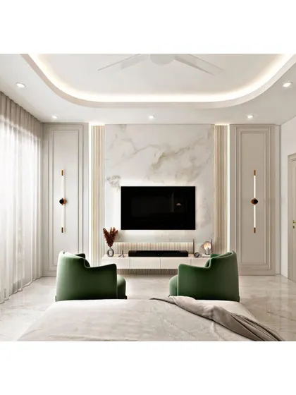This is the same bedroom as ID 9, showcasing the luxurious marble TV wall and integrated lighting. We ensure every element in a room, from walls to furniture, is part of a cohesive, high-end design.