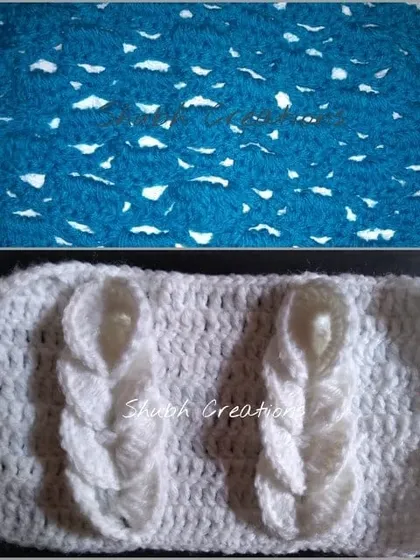 Two advanced crochet swatches, one showing a textured blue pattern and the other featuring a white cable-like design.
