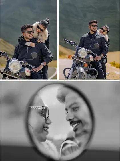 A collage of romantic and playful moments from a Ladakh bike shoot, including a creative reflection shot in the motorcycle's mirror.