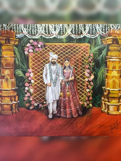 The final painting from a live event at Amaanta Farms in Delhi. The traditional golden pillars and marigold decor are rendered in rich acrylics to create a warm and authentic Indian wedding portrait.