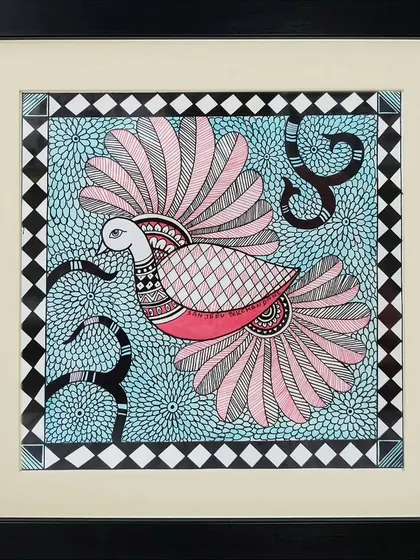 A bird with magnificent pink wings flies against a patterned blue sky in this Madhubani piece by Lakshit Mukhiya. The dynamic composition and contrasting colors make for a striking image.