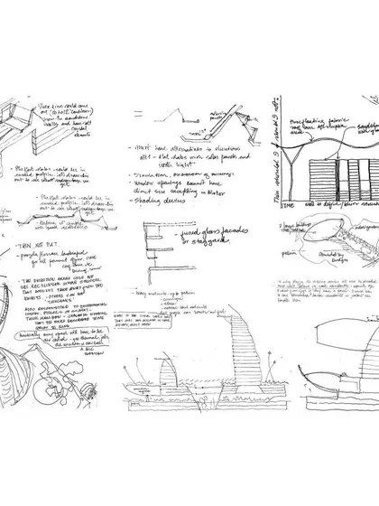 More detailed sketches exploring structural ideas, facade treatments, and the relationship between the building and the surrounding nature.