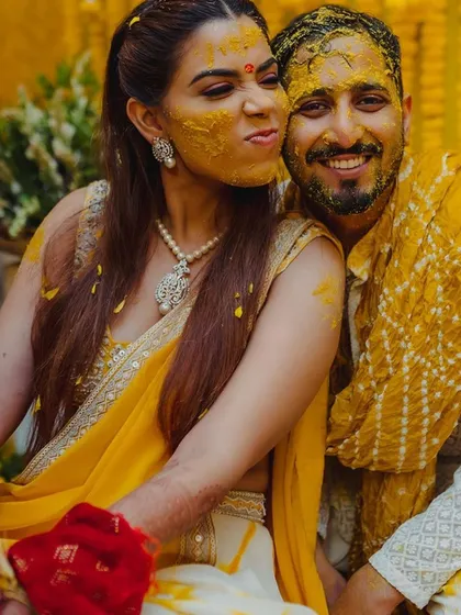 The happy result of a fun-filled Haldi ceremony. I love planning events where the couple can let loose and create joyful, messy memories together.