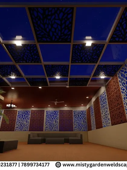 This 3D visualization presents a modern terrace concept with a glass and CNC panel pergola, showcasing how different materials can be combined for a unique and stylish look.