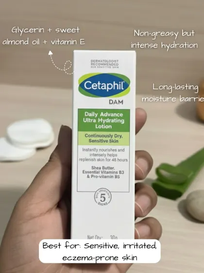 For sensitive, irritated, or eczema-prone skin, a gentle, non-greasy lotion is key. Cetaphil DAM provides intense, long-lasting hydration with ingredients like shea butter, vitamin E, and glycerin, helping to replenish the skin's moisture barrier without causing irritation.