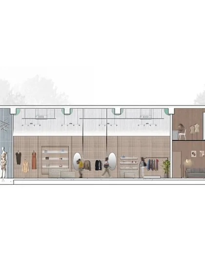 A second section drawing of the GRASSROOT store, revealing the two-level office space at the rear. These drawings are crucial for ensuring every detail, from structure to furniture, works in harmony.