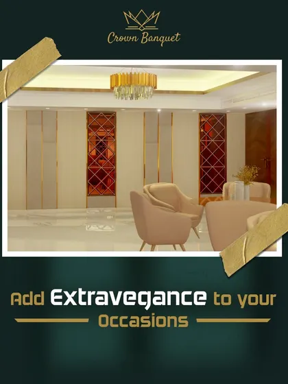 We believe extravagance is in the details. This image focuses on the elegant interior design of our hall, featuring warm lighting, reflective diamond-patterned wall panels, and plush seating that contribute to a luxurious feel.