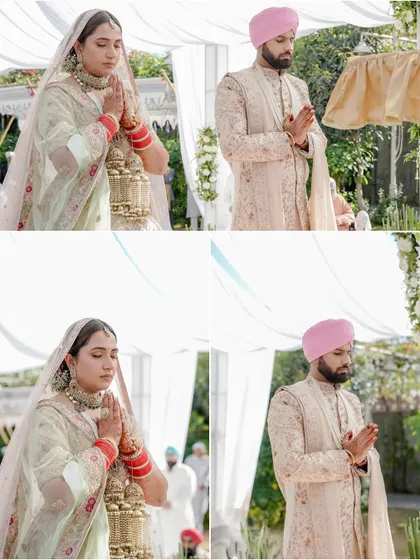 A collage of the couple in prayer during their Sikh wedding ceremony, highlighting the spiritual and serene aspects of their union.