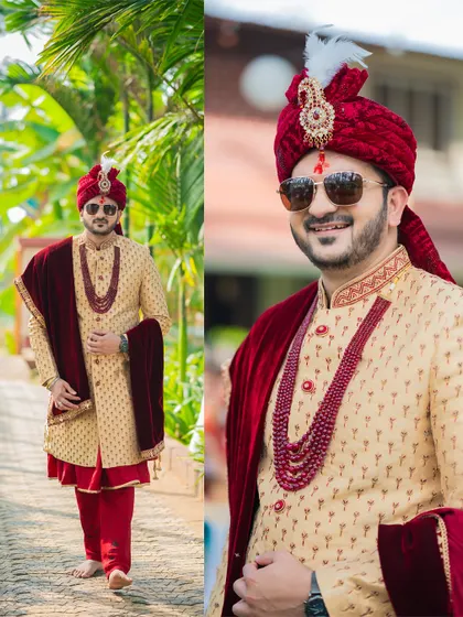 A diptych of the groom looking dapper and ready for his wedding, wearing a stylish sherwani and sunglasses.