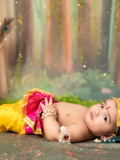 A peaceful, reclining pose of a baby boy during his 'Lil Kanha' photoshoot, capturing a moment of pure calm.