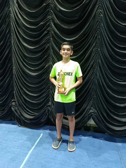 Niviransh holding his trophy after securing the first position in the Haryana School State Championship.