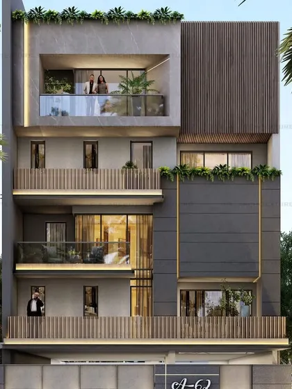 A full view of the residential facade, showcasing the interplay of light and shadow created by the different materials. The design includes rooftop greenery, adding a touch of nature to the urban architecture.