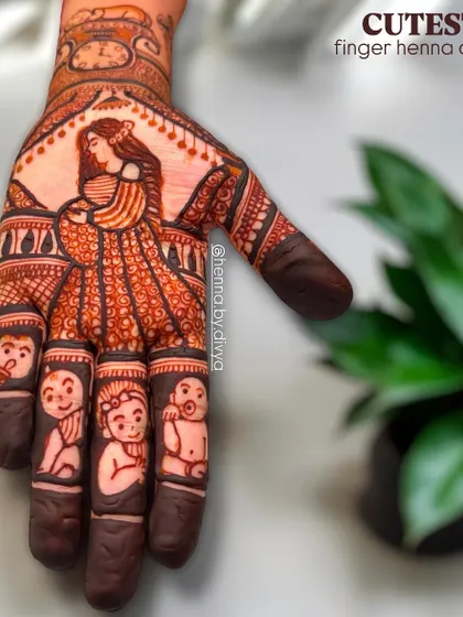 A close-up of a beautiful baby shower design, focusing on the portrait of a mother holding her belly. The fingers are adorned with cute baby faces, adding a unique and personal touch.