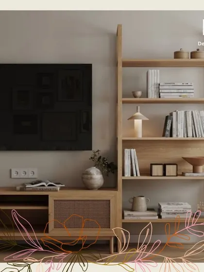 A close-up of the curated bookshelf and media console, demonstrating how we use natural materials and simple decor to create a warm, minimalist aesthetic.