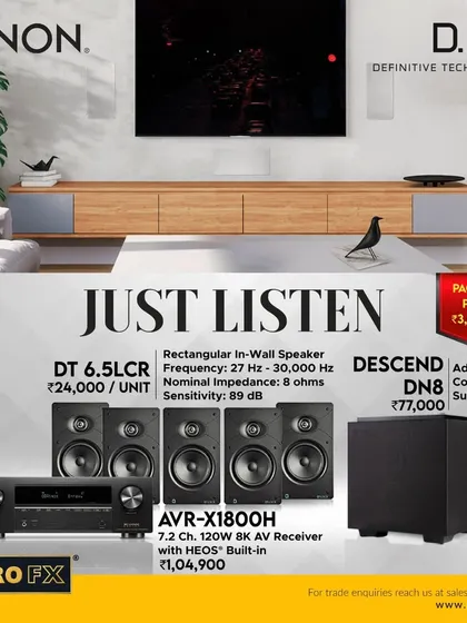 This complete home theater package features a Denon AVR-X1800H receiver, five Definitive Technology in-wall speakers, and a DN8 subwoofer. It is an all-in-one solution to elevate your music and movie experience with powerful, integrated sound.