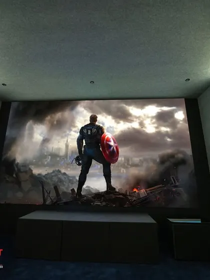 An epic shot of Captain America, showcasing the immersive, edge-to-edge picture quality. The vertical LED lighting adds to the dramatic effect of the scene.