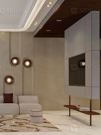 This unique TV unit in the Model Town lobby appears to float, supported by a single leg. It's a functional piece that also serves as a sculptural element in the room.