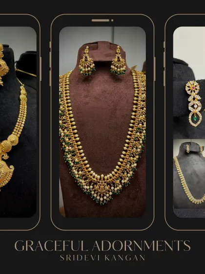 A glimpse of the graceful adornments available at my store, showing a variety of long haars in different styles, from pearl and bead work to temple designs.