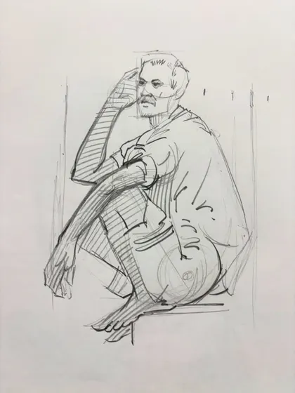A sketch of a seated, thinking pose, exploring how to convey emotion and mood through body language.