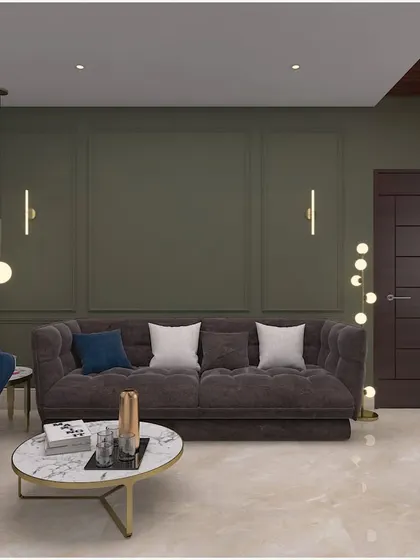 A classy living room concept with an olive green Victorian-style accent wall and velvet furniture.