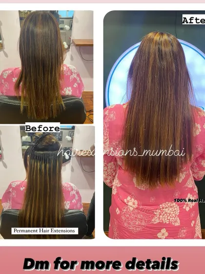 This collage shows the process and result of adding permanent extensions with highlights. You can see the micro-ring application and the final blended look.