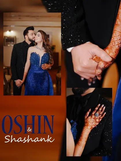 A collage focusing on the couple's connection and the details of their engagement. It includes a romantic kiss, holding hands, and a close-up of the bride's ring.