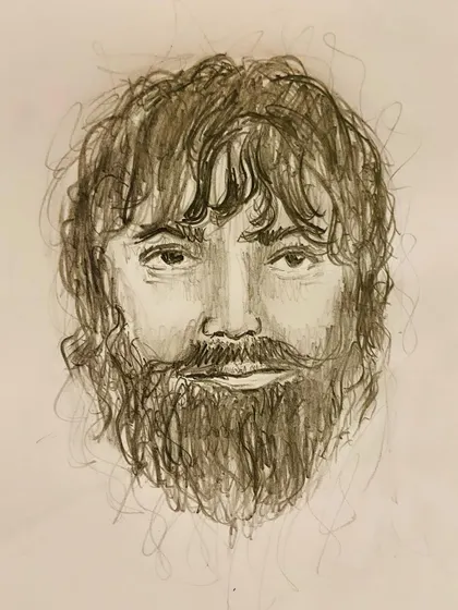 Sometimes I sketch characters from books as I imagine them. This is my interpretation of a character described as 'lank, gaunt, and of indeterminable age', an exercise in bringing words to visual life.