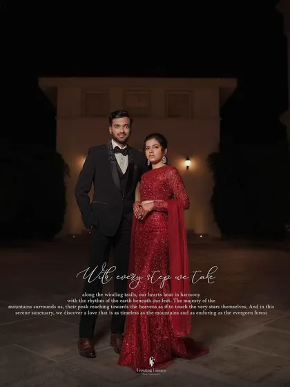 A grand, full-length portrait of the couple at their reception venue, with a poetic quote about their journey together.