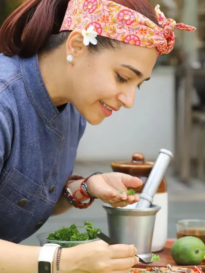 Chef Anuroopa, our partner for the Legacy Kitchen project, preparing a dish with our collaborative Aam Kasundi. Her special menu at Jaipur Modern Kitchen is a flavor adventure.