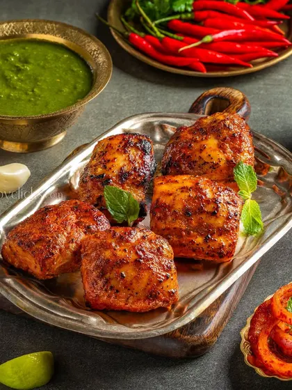 Spicy Paneer Tikka, marinated and grilled, served on a silver platter with mint chutney.