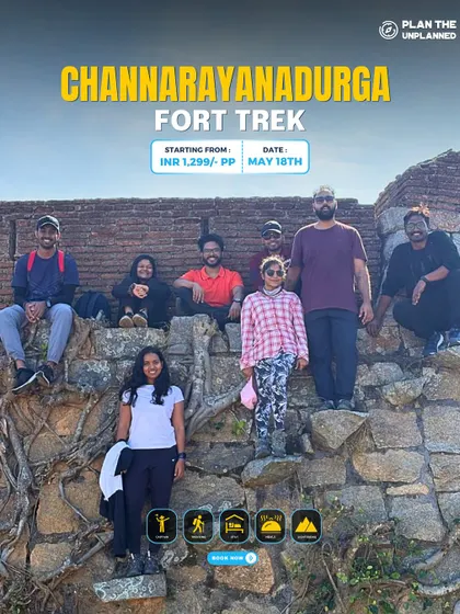 A group of friends posing at the Channarayanadurga Fort. This day trek is perfect for a quick and rewarding adventure.