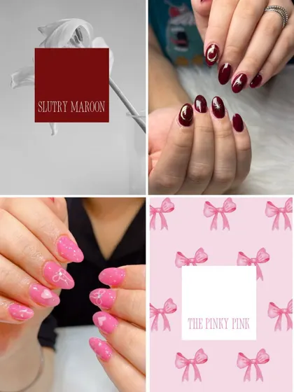 A style guide showing two distinct looks: a sultry, deep maroon manicure and a fun, playful "pinky pink" design.