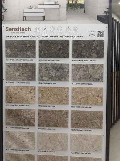 Our 'Sensitech' series, featuring a range of stone-look tiles with different textures like bamboo-liner and trap. These offer the beauty of natural stone with the durability of tile.