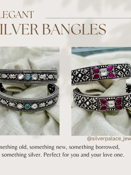 Elegant silver bangles. This graphic shows two pairs of our oxidised kadas, one with turquoise and kundan, the other with pink stones.