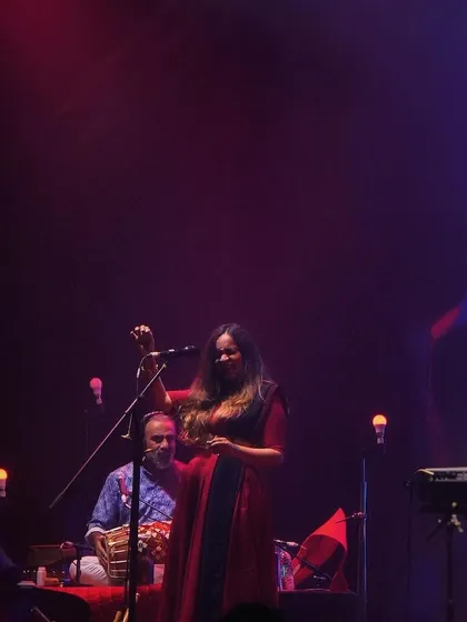 A full-stage view from the 'Vari' album release concert, showing the connection between me and my mridangam player. This non-verbal communication is at the core of our live performances.