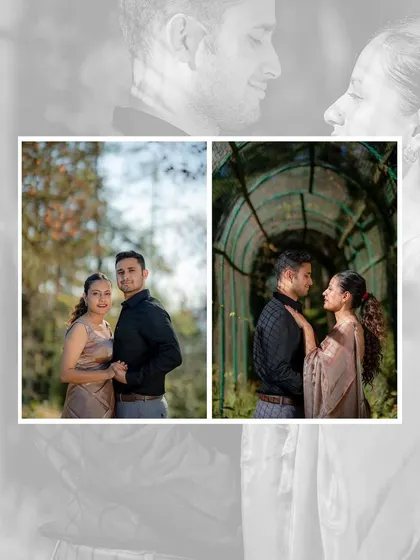A collage of a couple's pre-wedding shoot, showing their playful and romantic interactions in a natural, rustic setting.