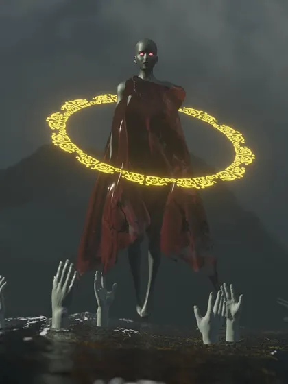 Another angle of my surreal concept art, this time with a darker, more intense mood. The figure's glowing red eyes and the dramatic lighting create a powerful and slightly ominous feeling.