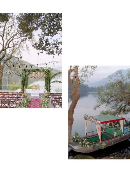 A glimpse into a lakeside wedding setup, showing the beautiful mandap by the water and a decorated boat ready for a romantic entry or exit.