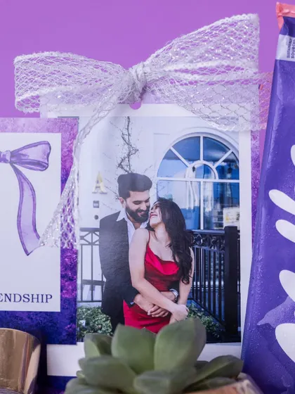 A close-up of the personalized couple's photo, a key element that makes this bride-to-be hamper deeply personal and sentimental.