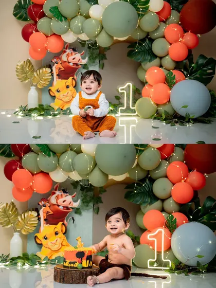 Before and after the cake smash. This collage shows the adorable setup and the equally adorable baby for a Lion King themed first birthday.