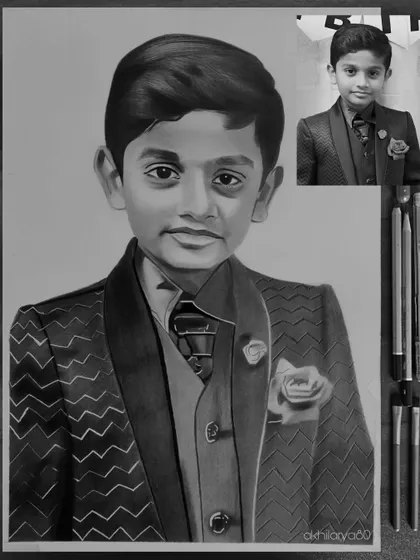 A handsome young boy in a full suit, captured in a detailed A4 graphite sketch. The black and white style gives this portrait a very classic and formal feel.