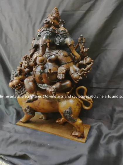 This is the initial wax model for our Heramba Ganapati sculpture. This complex form shows Lord Ganesha with five heads, riding a majestic lion. The wax stage is where every minute detail is sculpted by hand, forming the soul of the sculpture before it is cast in metal.