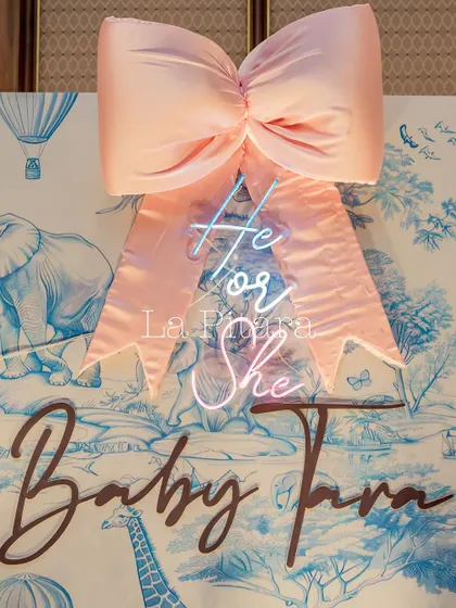 A 'He or She' gender reveal sign in neon, set against the stylish Dior-inspired backdrop.