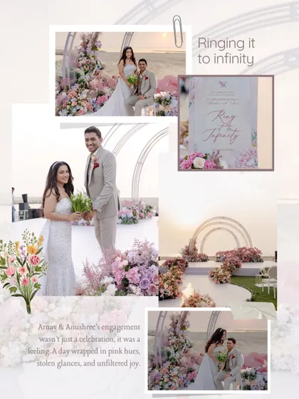 A collage capturing the feeling of Arnav and Anushree's engagement in Bahrain. A day wrapped in pink hues, stolen glances, and unfiltered joy.