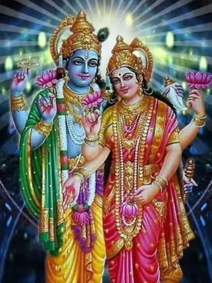 An illustration of Lord Vishnu and Goddess Lakshmi, the divine couple who sustain the universe. Worshiping them together is a powerful way to seek blessings for marital harmony, stability, and prosperity.