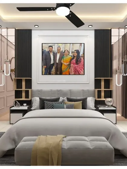 A 3D render of a master bedroom with a large family portrait above the bed, creating a personalized and sentimental focal point. The room has a modern grey and black color scheme.