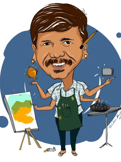 The final colored caricature celebrating a fellow artist. The illustration is filled with symbols of his craft, from the painting easel and sculpture to a digital tablet, all held by his many creative hands.