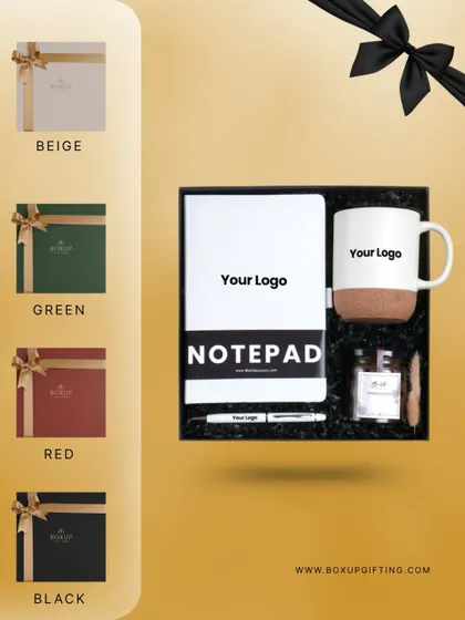 Everything, the way you want it to be. This graphic shows how you can customize not just the products and logo, but also the color of the box itself, with options in beige, green, red, and black.