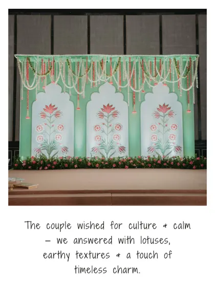 A note on the design inspiration: "The couple wished for culture + calm - we answered with lotuses, earthy textures + a touch of timeless charm."
