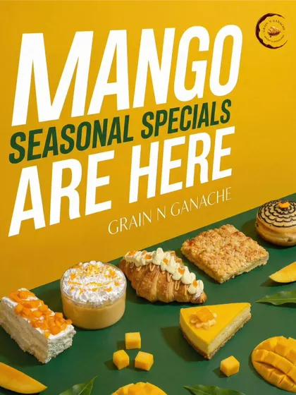 Mango cake, cheesecake and other mango bakes appear in our seasonal product collection, arranged against a yellow backdrop.